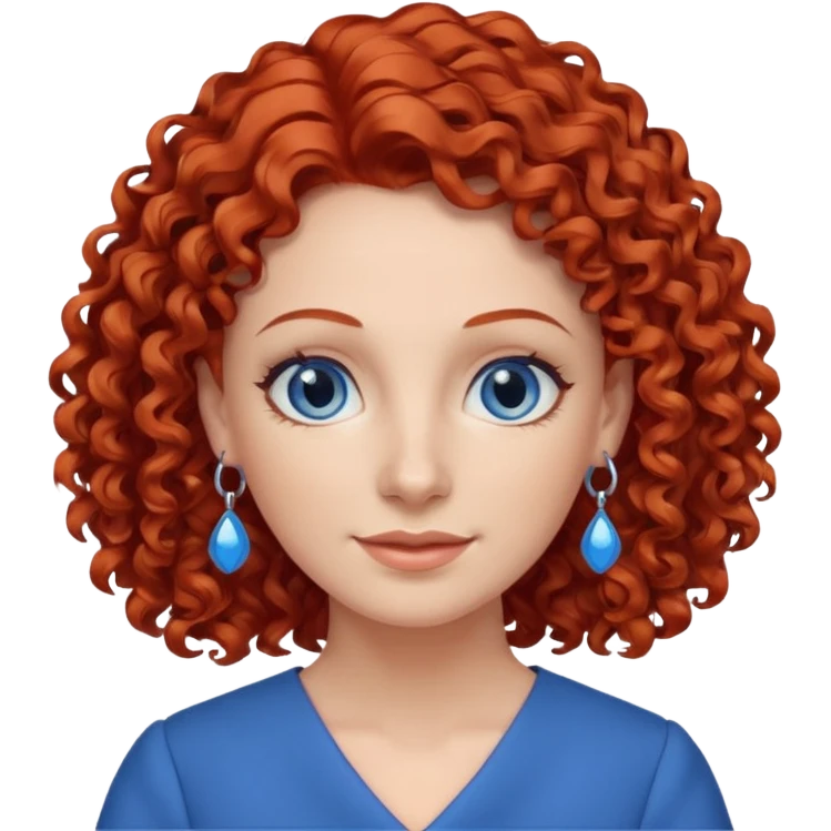 una profesora simpática con el pelo rojo rizado, ojos azules, vestido azul y pendientes azules emoji