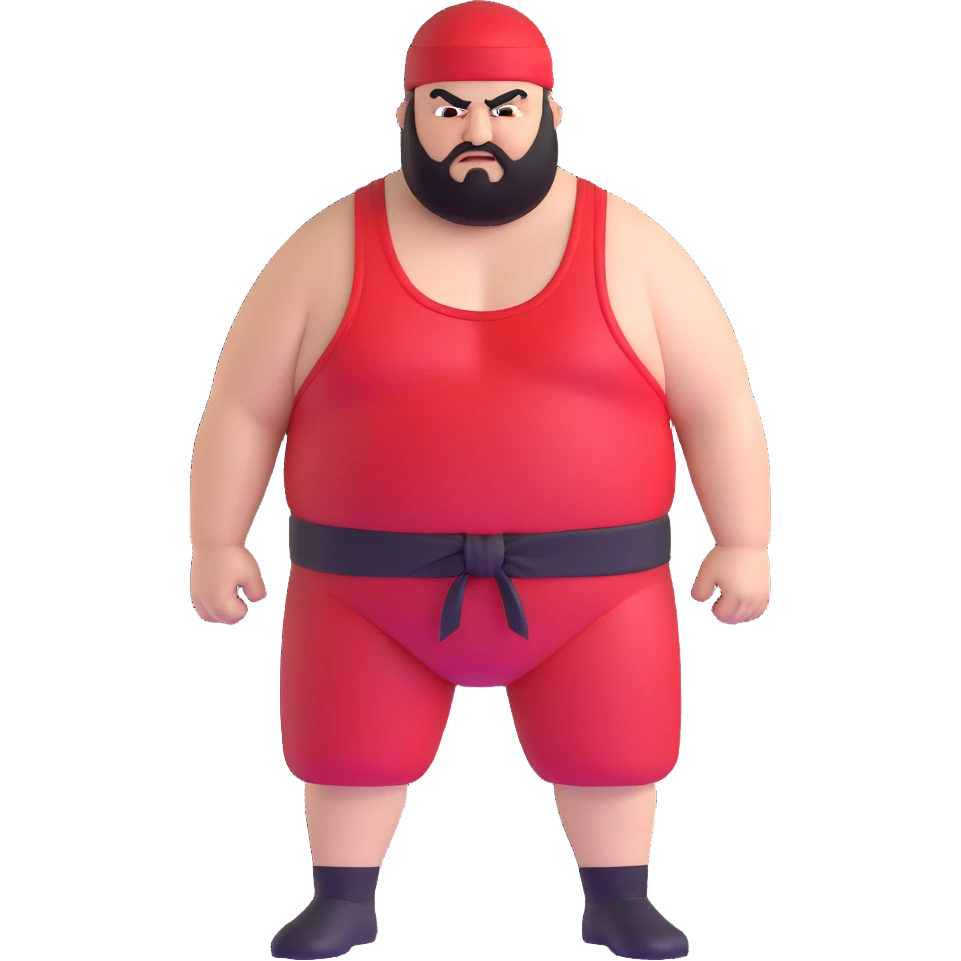 Extreme close-up of face of morbidly obese white skin guy with young face, prominent BLACK DURAG tied clearly on head, black beard but no mustache, clean shaven upper lip, black eyes in a red and black wrestling singlet with angry expression emoji