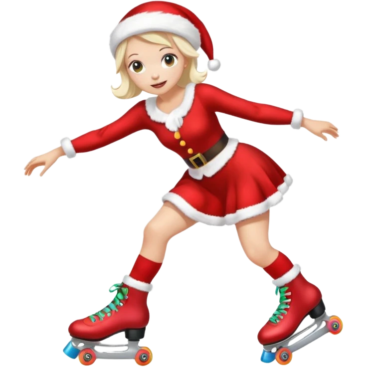 Create an emoji-style illustration of a female roller skater wearing roller skates and a Mrs. Claus (Mama Noel) outfit. The style should be cute, expressive, colorful, and clear at small sizes, with simple lines, soft shading, and a festive Christmas vibe. emoji