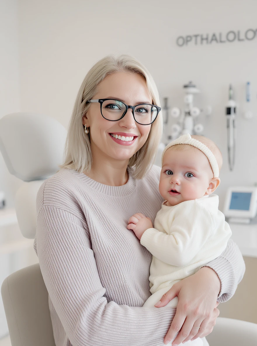 Cinematic still, Proffesional advertising of a smiling european white woman with glasses smiling holding baby, minimalistic ophthalmologist interior in background, leading  lines, "rule of thirds", 60/30/10 colors, soft light emoji