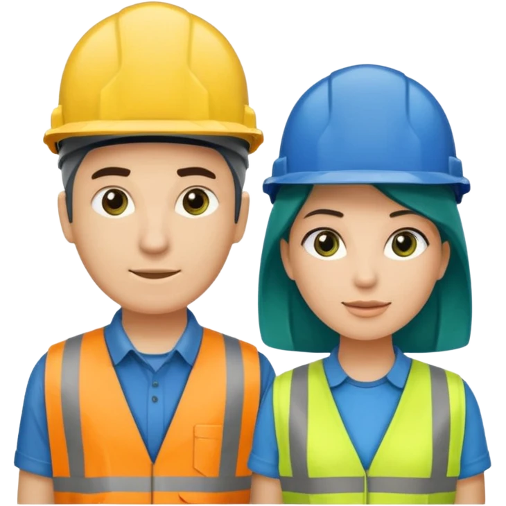 Um homem e uma mulher amarelos com capacete de obras ambos azul escuro e camisa social cinza com faixas refletivas verdes nos braços. Um deles deve estar segurando um megafone emoji