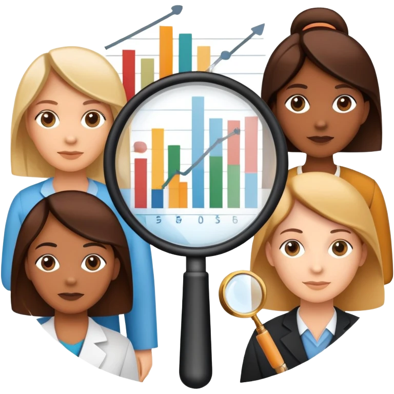 An icon featuring a group of diverse people, interconnected by lines, symbolizing sociology. The design includes a magnifying glass and a bar chart, representing the study of societies and social structures. Transparent background highlights the analysis of human behavior and social dynamics. emoji