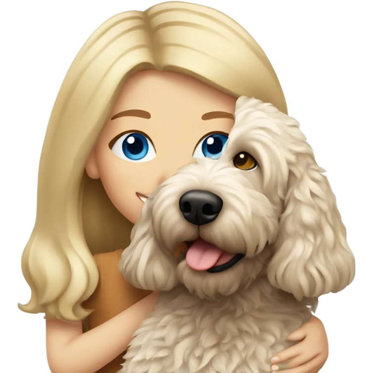 blonde girl with straight hair and blue eyes hugging an australian labradoodle emoji