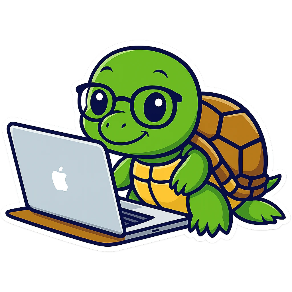 Add glasses to the cartoon turtle holding a MacBook. The original style is cartoon sticker style, so keep the same cartoon sticker look and feel with no background. emoji