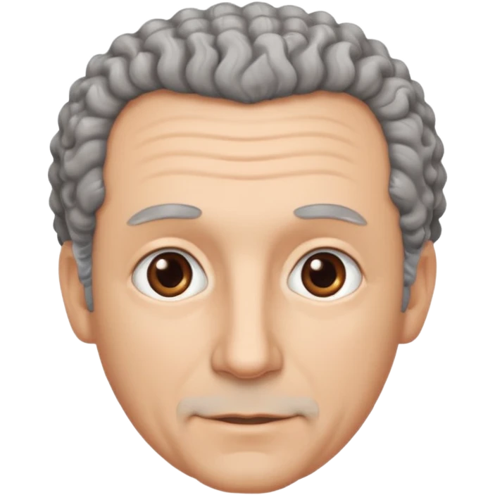 Illustrated emoji of a middle aged man with receding grey curly hair, brown eyes, white skin emoji