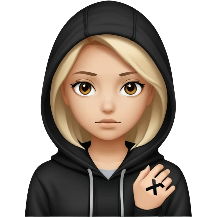 A hacker girl with black hoodie and two x instead of her eyes  emoji