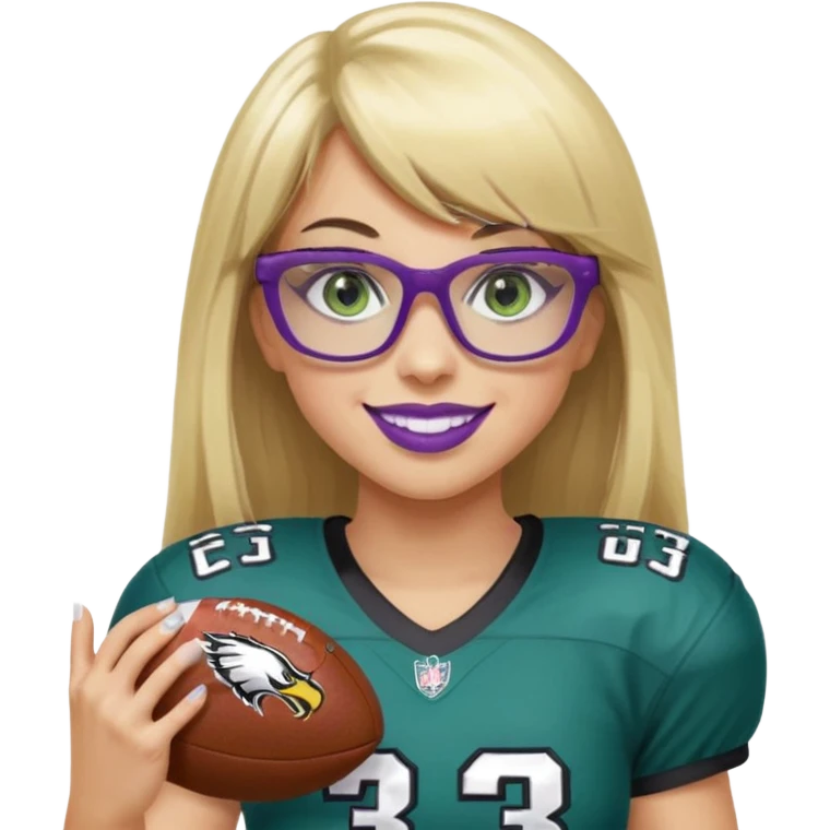 long blonde hair with straight bangs, wearing black rectangle glasses, female, green eyes football player wearing eagles uniform jersey number 33 holding football smiling purple lipstick emoji