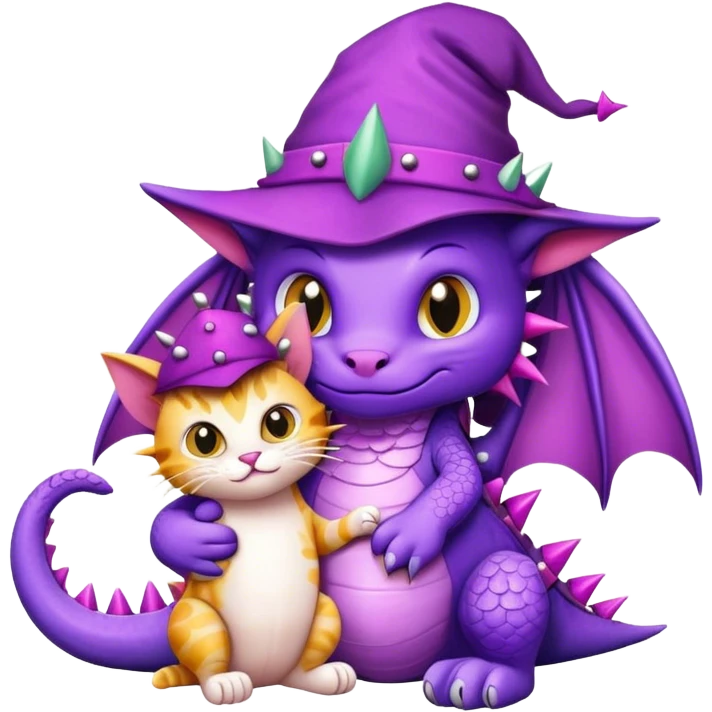 Purple Dragon with Spikes craddling a cat with a hat emoji