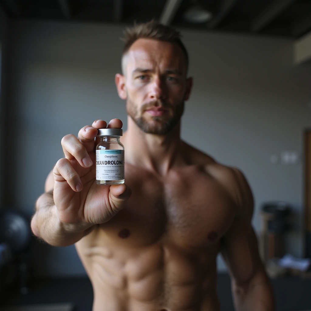 realistic photo of a crossfit athlete holding a vial labeled 'Oxandrolone' in the foreground, visible muscles, neutral atmosphere, gym background emoji