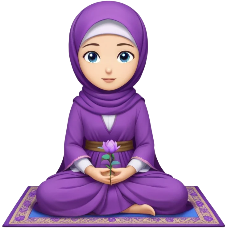 Turkish beautiful finish Konya girl blue eyes with purple flower hijab long tail dress and sits on the pray mat namaz on the ground with Islamic dua  emoji