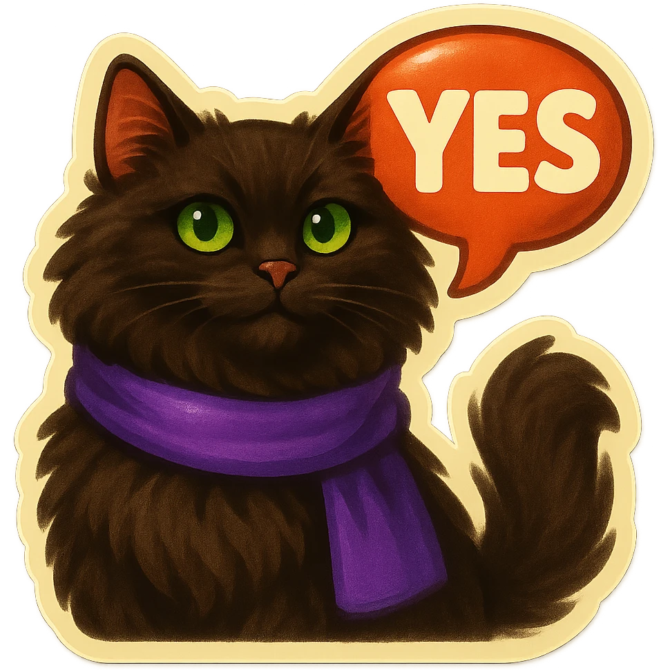 Fluffy dark-brown cat with green eyes and a purple scarf saying ‘YES’ (with a speech bubble) emoji