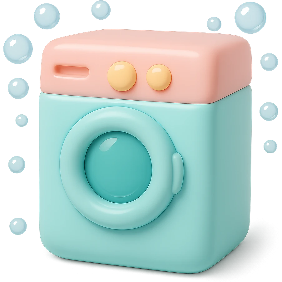 Add playful cartoon bubbles around the vinyl figure style washing machine, keep the original vinyl-figure look and colors. emoji