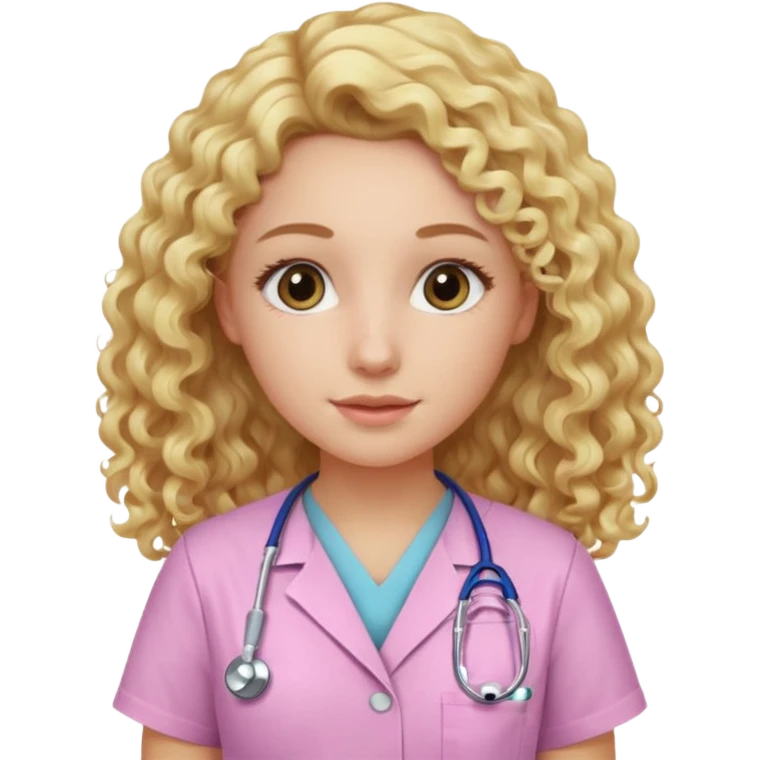 Apple-style emoji of a young woman with long, soft blonde curly hair, wearing light pink medical scrubs

 emoji