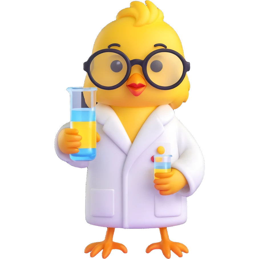 Add scientist glasses to the yellow chick in a white bathrobe holding laboratory glassware, 3D style, no background. emoji