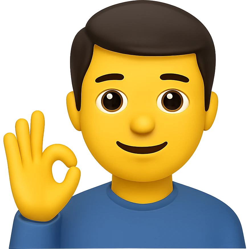 Edit the image to depict a man giving the 'okey' hand sign with a friendly expression in the style of apple emojis with normalized, natural-looking fingers. Maintain the apple emoji style but enhance finger naturalness and normalization. emoji