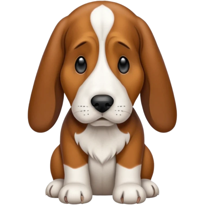 Basset hound with smaller ears, brown face black nose and ears. White belly chest and feet emoji