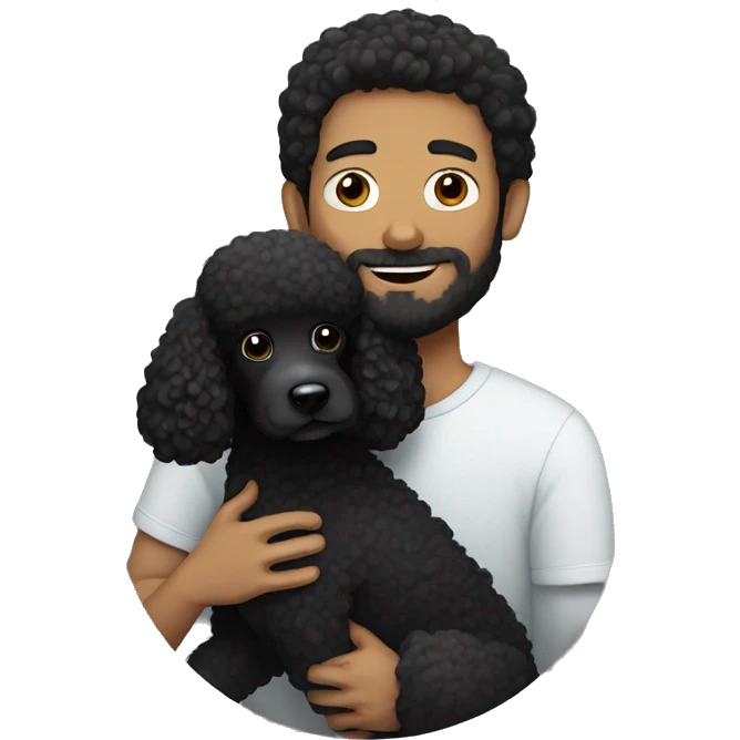 Black-haired and white guy with beard hugs black poodle dog  emoji