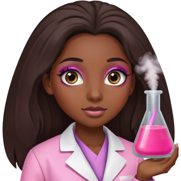 Black girl with long  hair is a scientist with pink lab coat and long eyelashes and has makeup on with short eyes emoji