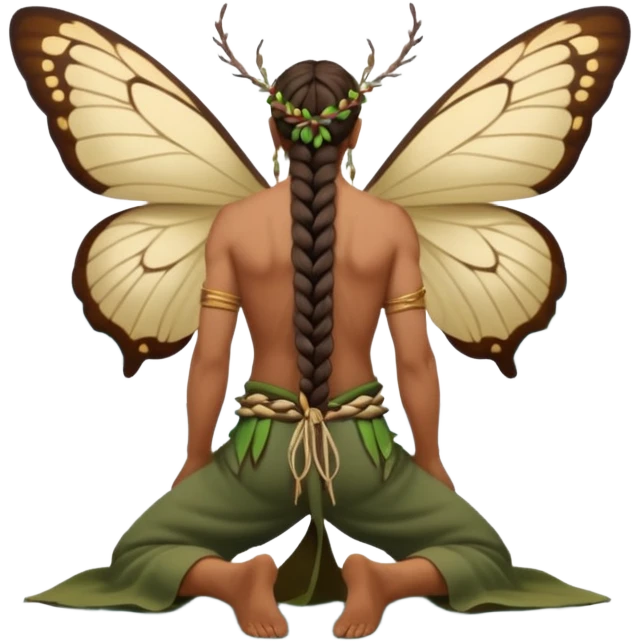 full body druid man, tan skin, long braid, from behind kneeling at lake edge, moths around shoulders emoji