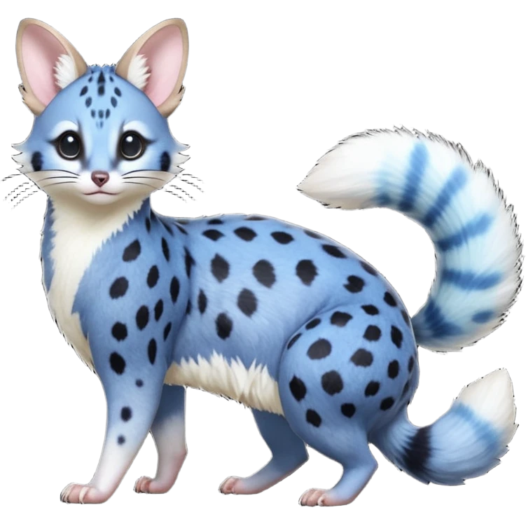 Hyper realistic  deep-ocean indigo fur seeded with bioluminescent plankton speckles beautiful elegant pretty precious cute  Fakémon-Pokémon-opossum-feline-serval-caracal-chinchilla-Furret-Minccino-hybrid-creature with a big fluffy bushy tail (full body) emoji