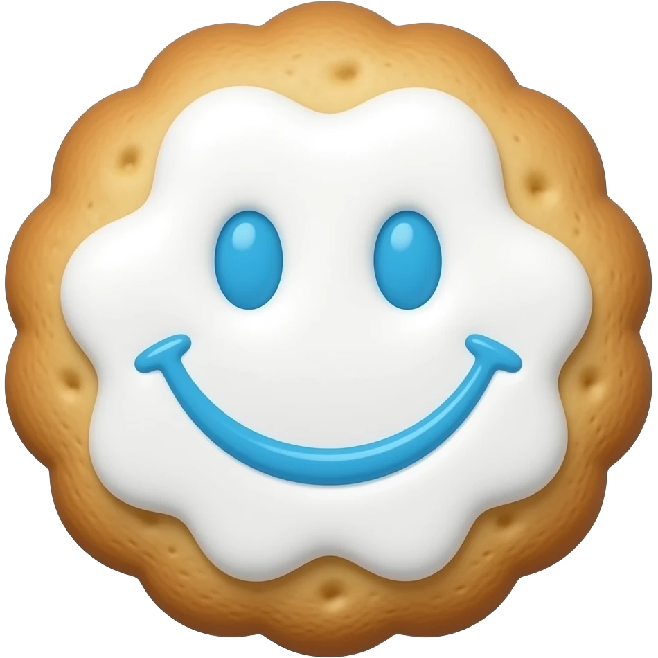 A cookie with white icing and a blue smiley face emoji