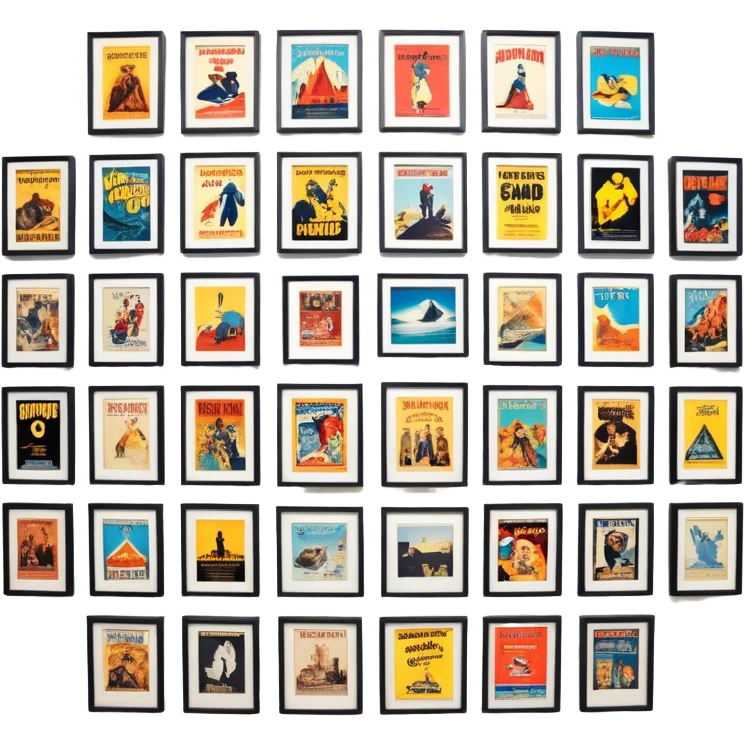 Icon for Photograph and Poster Collecting: a collection of photographs and movie posters, neatly displayed on a wall or in frames. The icon should evoke the nostalgia and artistic value of collecting rare images and posters. Transparent background. emoji