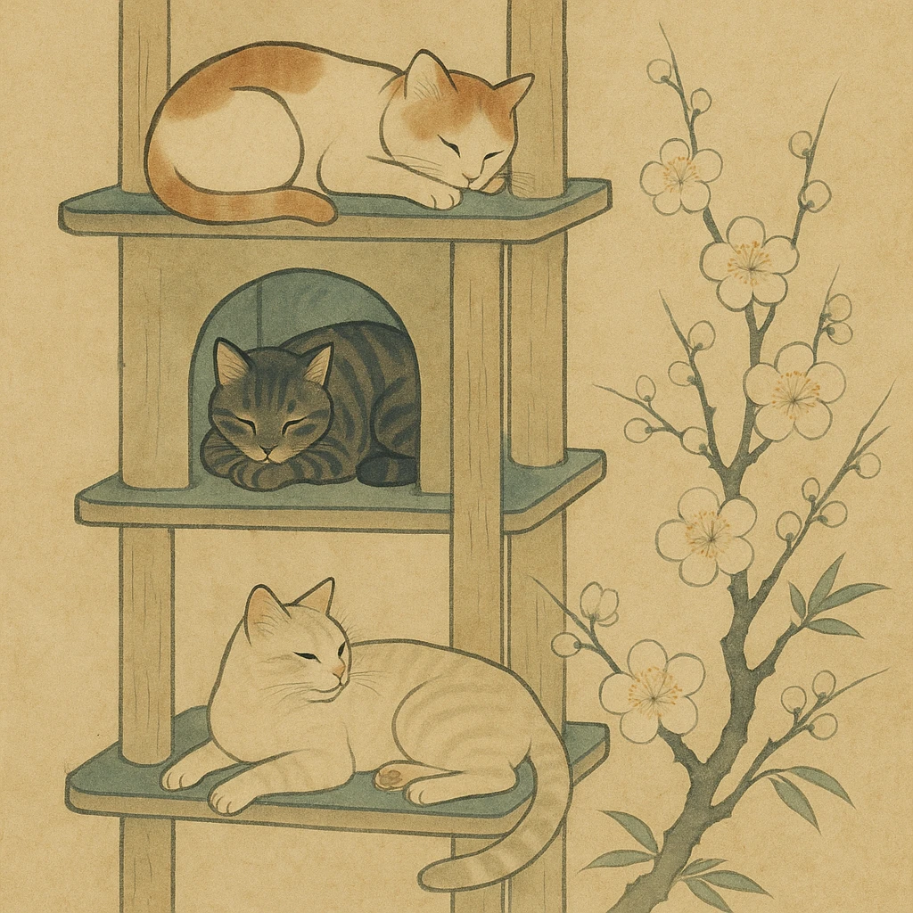 cats relaxing in a vertical playhouse emoji