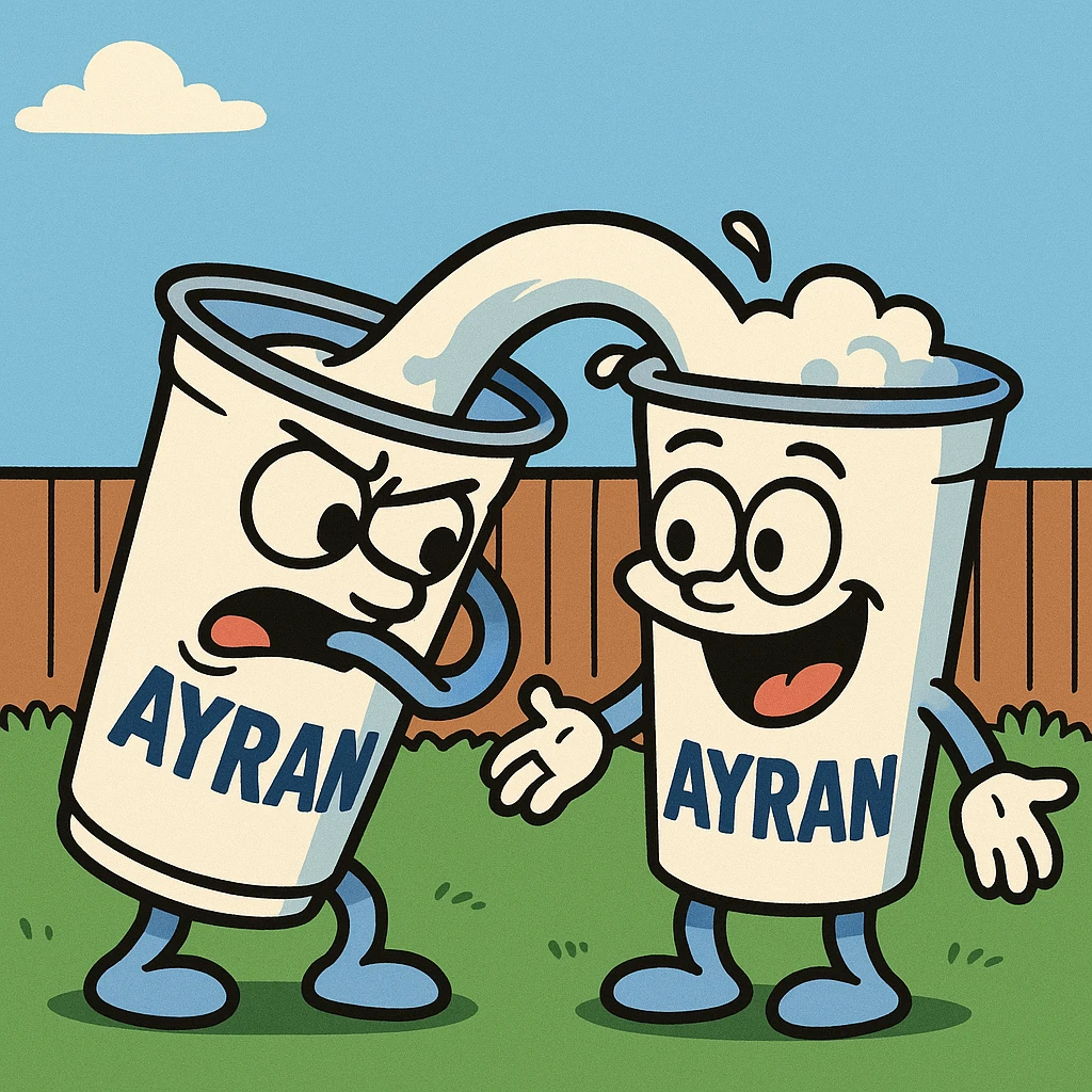 two ayran glasses, one drinking the other, cartoonish and funny scene emoji