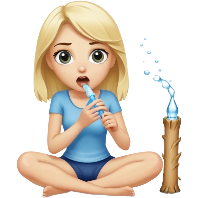 blond woman sitting on her knees with wide eyes, she's holding a thick short stick with a big knob, the stick is made of skin, water squirting from the knob into her mouth emoji
