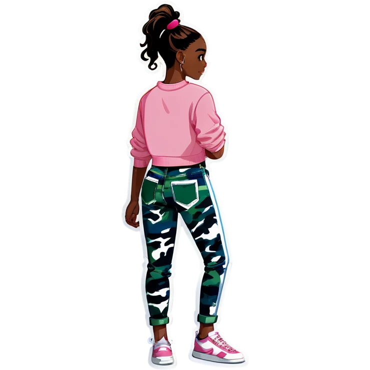 Black girl with ponytail wearing pink crop sweater with blue camo jeans and white shoes hugging black boy wearing white tank top and green pants emoji
