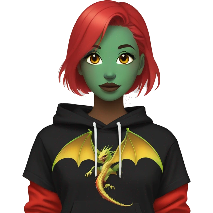Lady with brunette and iridescent blue hair, gold, lime green dragon wings, black hoodie, bleach dyed, black and gold Nike t shirt, and bright red eyes emoji