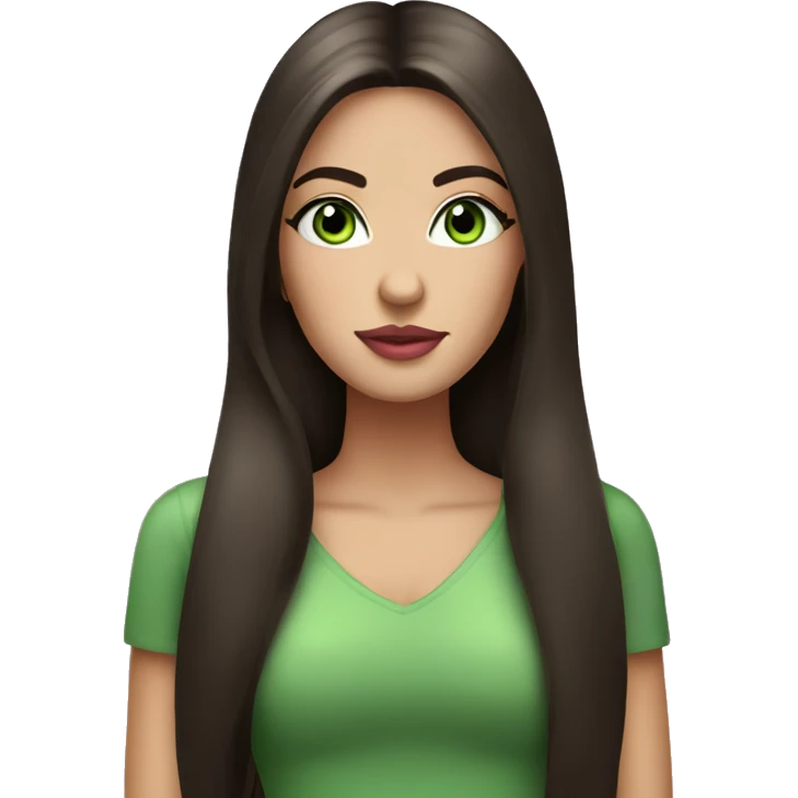 beautiful girl with long dark brown straight hair and green eyes and big pink lips emoji