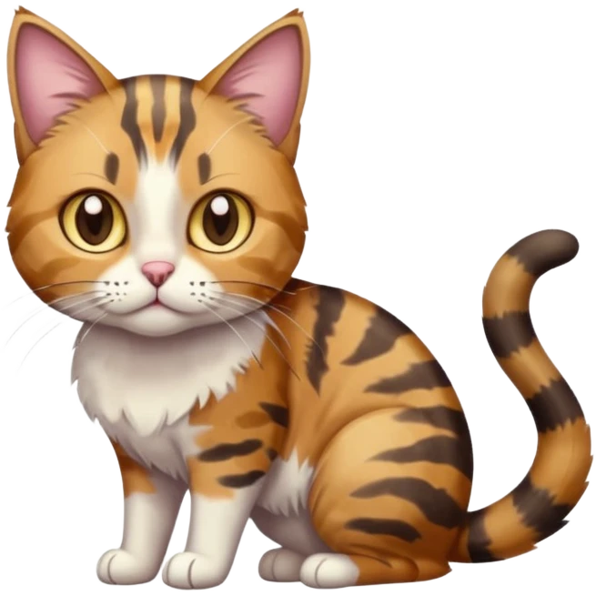 full body anxious looking colourful light calico tabby cat with hazel eyes and patchy brown tabby sections of fur emoji