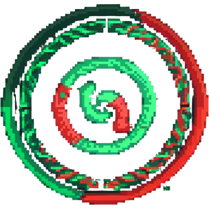 Circular member emblem with green to red gradient swirl pattern and member symbol emoji