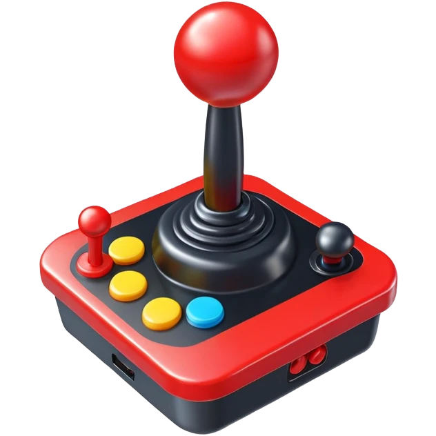 A colorful arcade joystick with red stick and buttons emoji