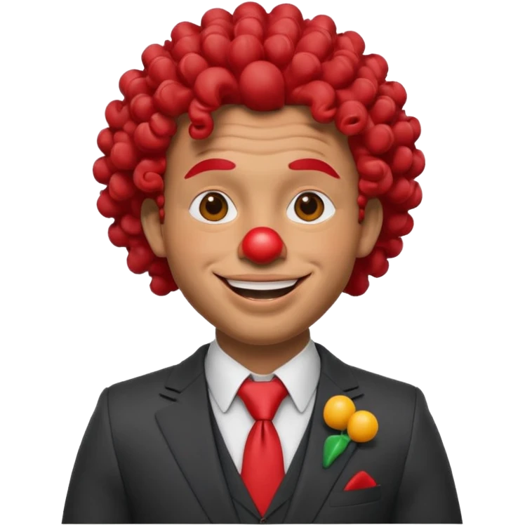 A 3D cartoon man with a red clown nose, smiling expression, wearing a suit, soft lighting, curley hair, realistic Memoji-style. emoji