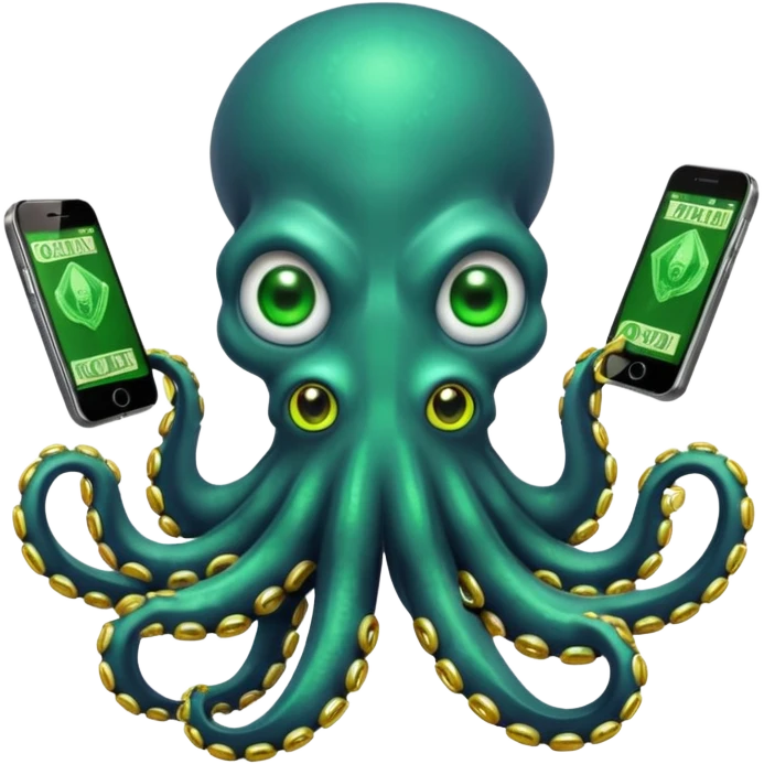 Intimidating octopus with pearl black skin, neon suction cups. Evil glaring eyes. Wearing a thick gold chain. 2 tentacles are holding their own cellphone, 2 more tentacles are holding stacks of money. emoji