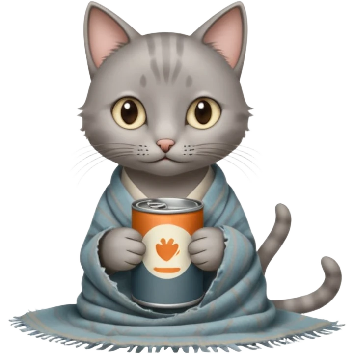 A thin grey cat curled on an old blanket, holding a tiny tin cup with its paws while looking shy but sweet.
 emoji