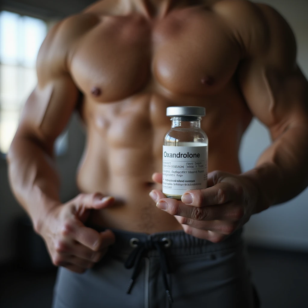 realistic photo of a crossfit athlete holding a vial labeled 'Oxandrolone', prominent muscles, natural light, gym background emoji