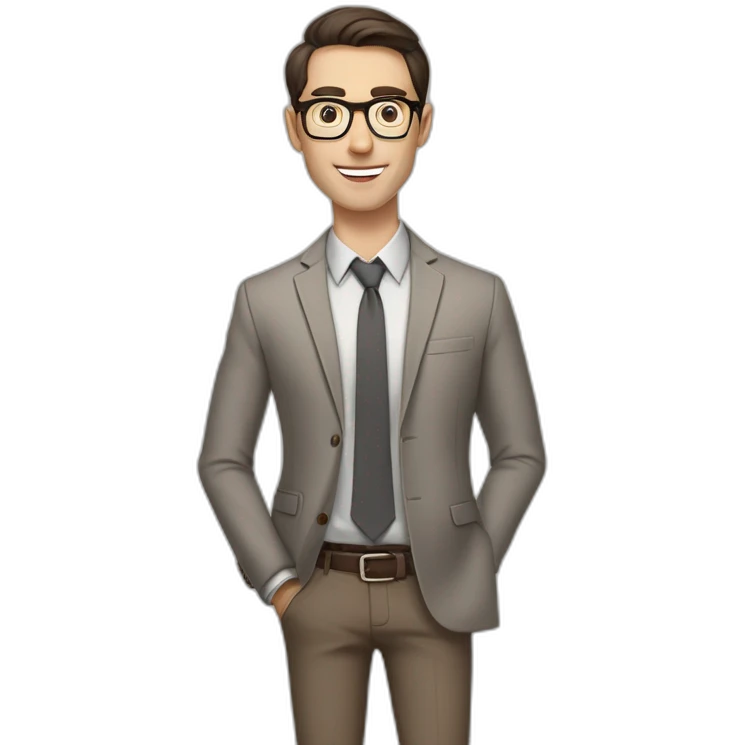 Pale skinned fit man with dark brown hair in gray jacket, beige office shirt, brown tie, brown pants and vintage glasses Writing text on the flipchart emoji