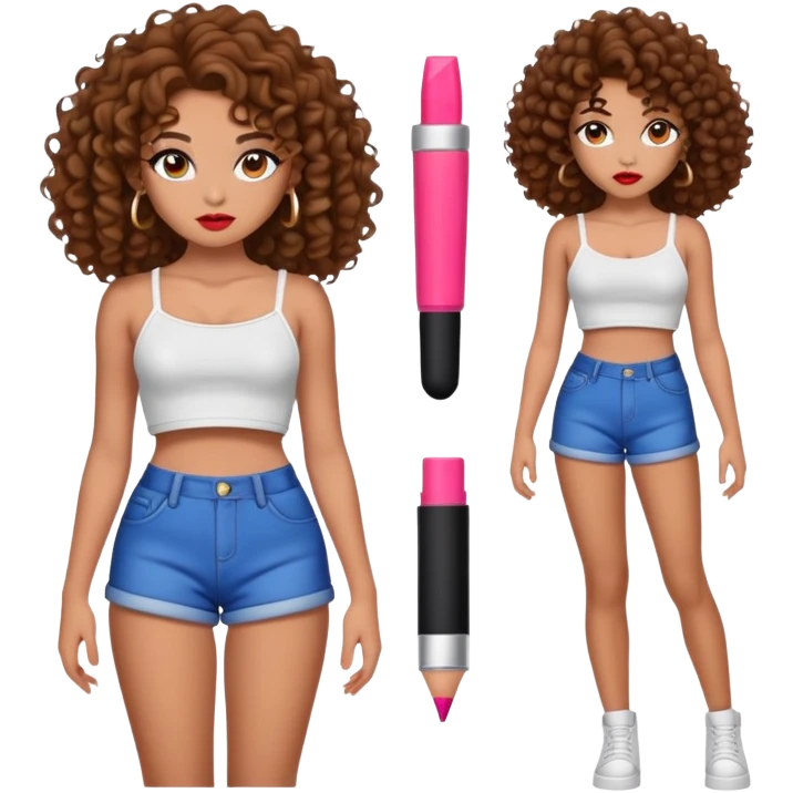 Full body teenage girl with curly brown hair, heavy makeup, big lips, crop top and choni style clothing emoji