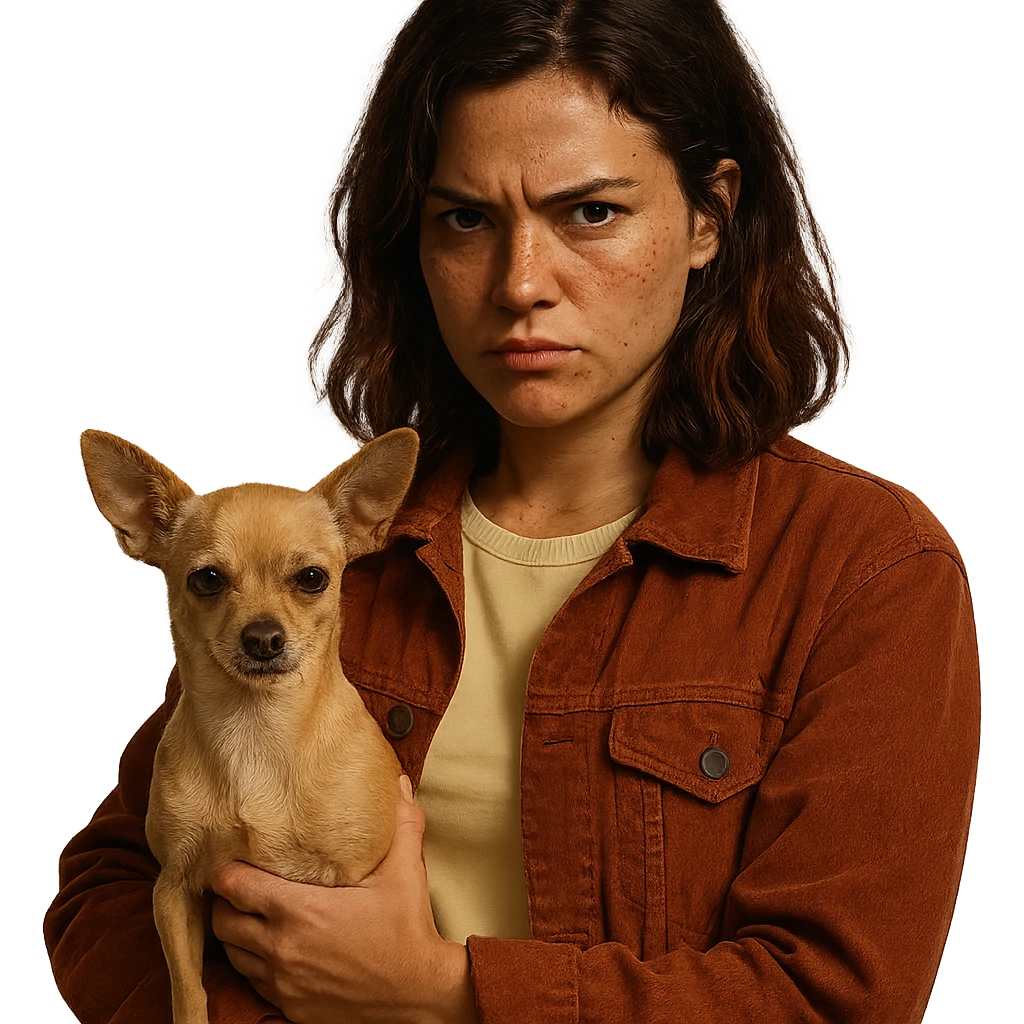 Netflix series style portrait of a woman with tanned skin, freckles, pale yellow shirt (#FFF8CA), rust-colored jacket, medium-length brown hair with auburn highlights, rebellious expression, holding a beige-brown chihuahua, transparent background emoji