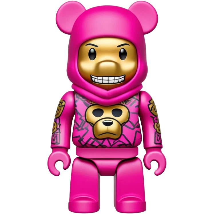 bearbrick toy figure wearing a bright pink balaclava with big pouty lips and gold grillz teeth visible, decorated with luxury brand logos and graffiti style patterns, striking a cool hip-hop pose with arms crossed confidently emoji