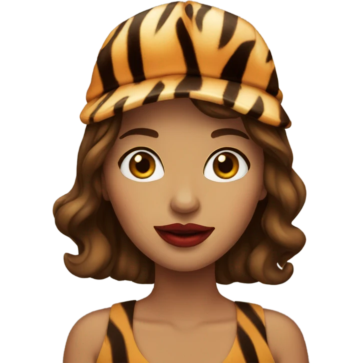 woman with brown hair and tiger hat, red lips emoji