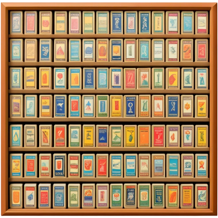 Icon for Matchbox Collecting: a collection of vintage and colorful matchboxes from different places, neatly displayed in a row or in a display case. The icon should reflect the uniqueness and diversity of matchbox collecting. Transparent background. emoji