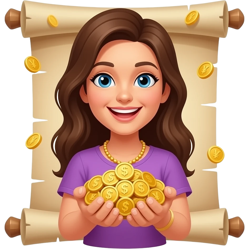 Счастливая женщина с кучей золота без валюты и значков на деньгах  свитки в фиолетовой одежде emoji