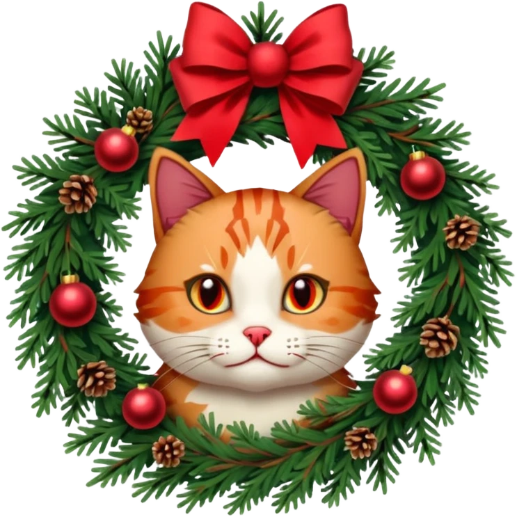 A Christmas wreath made entirely of fir trees, decorated with a red bow at the bottom, pine cones and Christmas tree balls, and a cat poking its face through the hole in the center. emoji