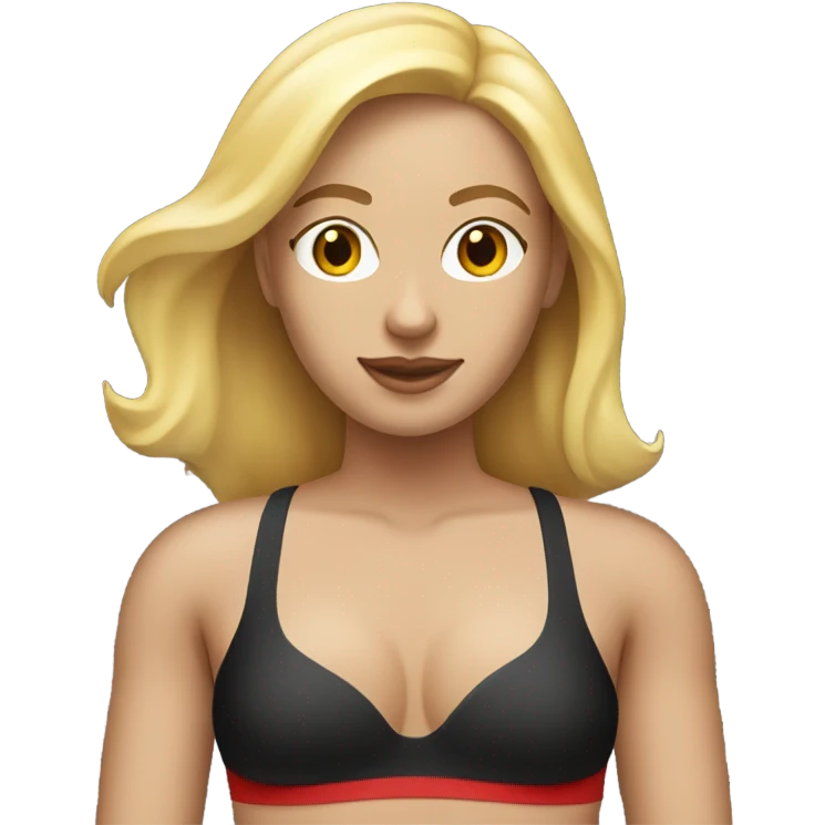 blonde women with white tank top, black bra and red swim suit bottom emoji