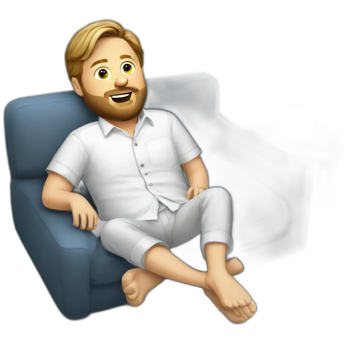 tim heidecker with a beard lazy lounging on couch white open button up shirt emoji