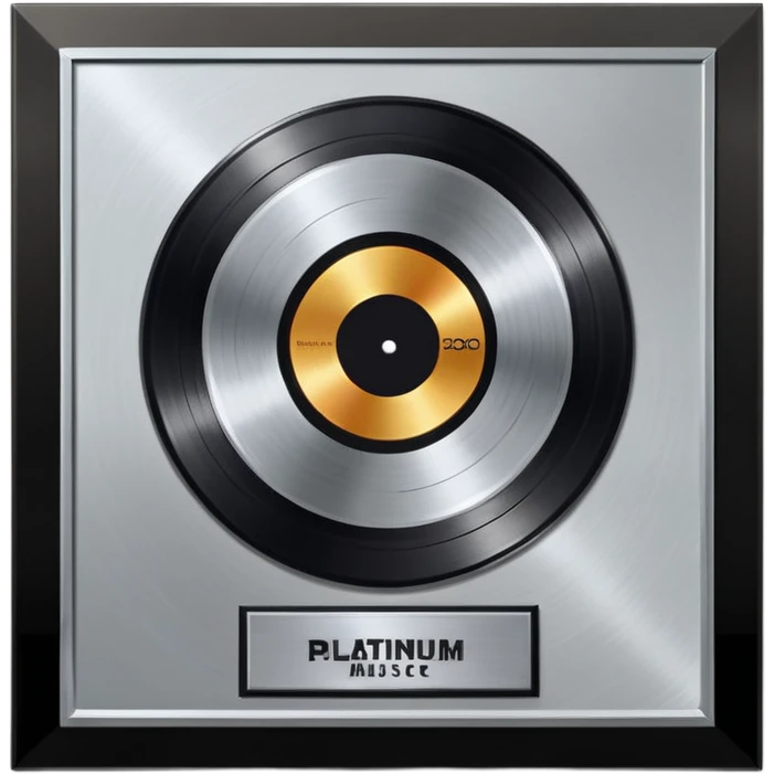 A platinum music award plaque: a square, polished platinum plate with a subtly textured, mirror-like finish, mounted on a simple dark metal base. The center features a relief of a or stylized vinyl record in a slightly darker metallic tone.  emoji
